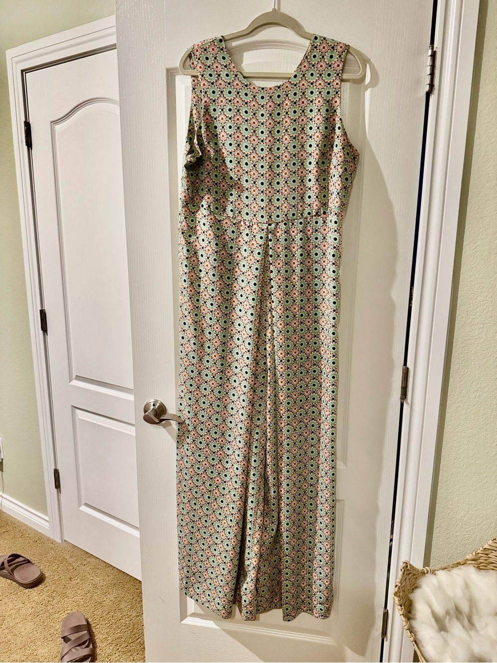 Sleeveless Floral-Geo Wide-Leg Jumpsuit in Mint and Pink